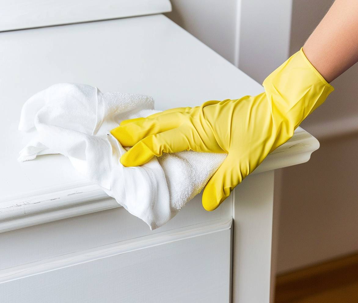 Hand in yellow gloves cleaning white surface with cloth.