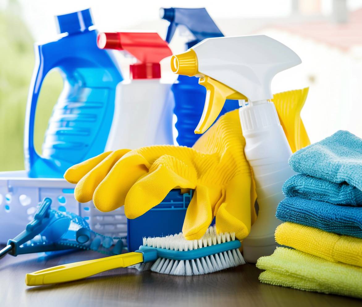 Various cleaning supplies and equipment arranged on table.