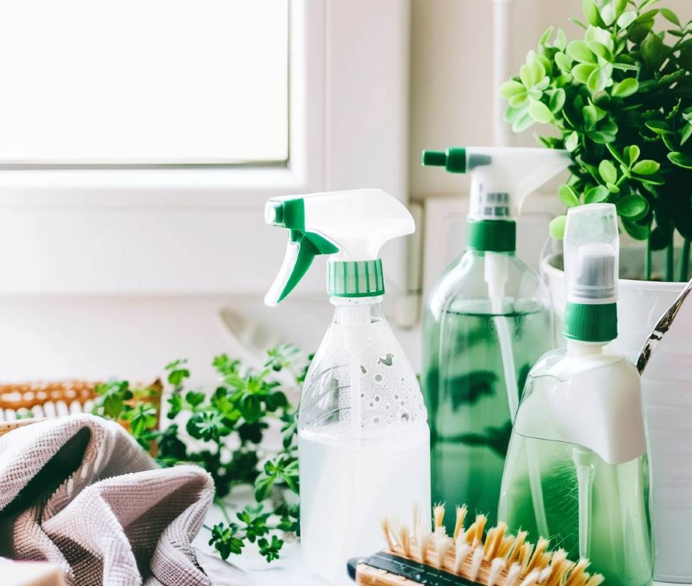 Eco-friendly cleaning supplies on kitchen counter.