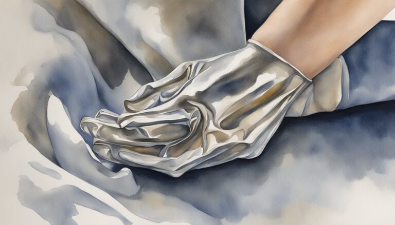 Watercolor painting of elegant silver gloves on hands.