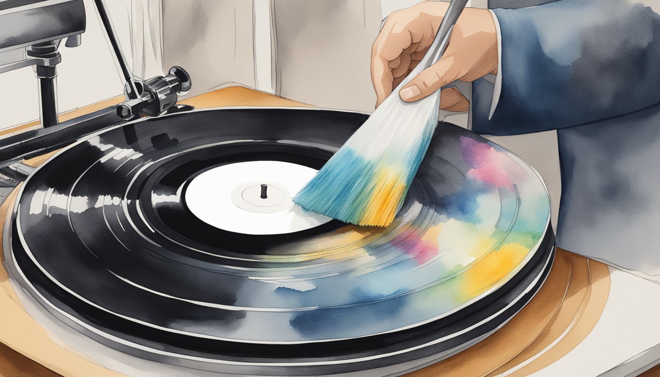 Cleaning a colorful vinyl record with a brush.