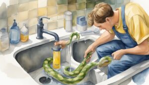 Person washing green snake in kitchen sink.