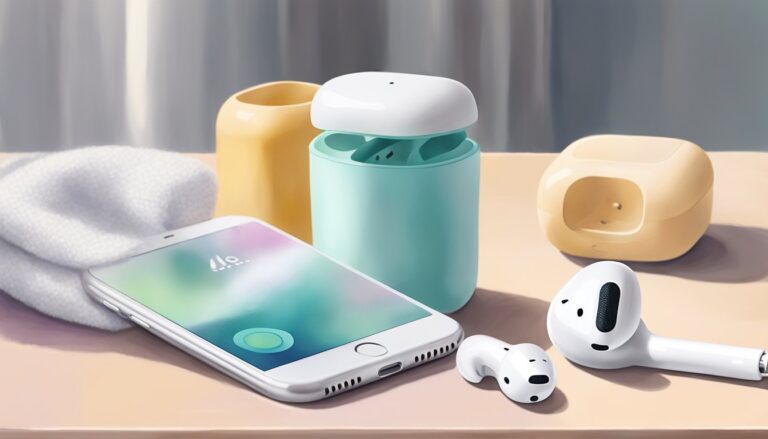 Smartphone, wireless earbuds, charging cases on a desk.