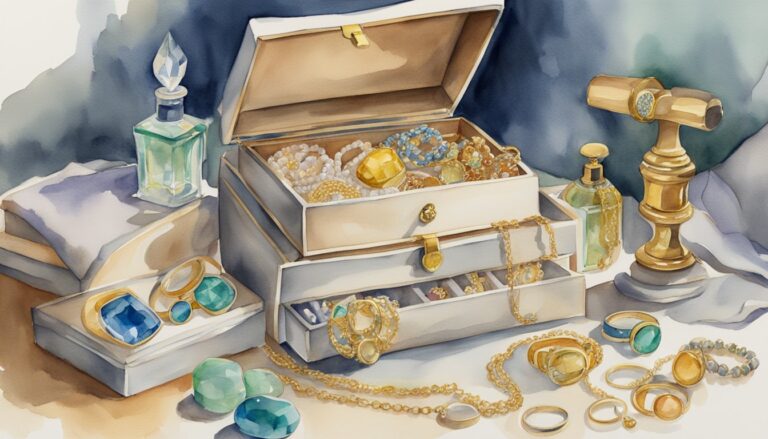 Watercolor illustration of a jewelry box with assorted gems.