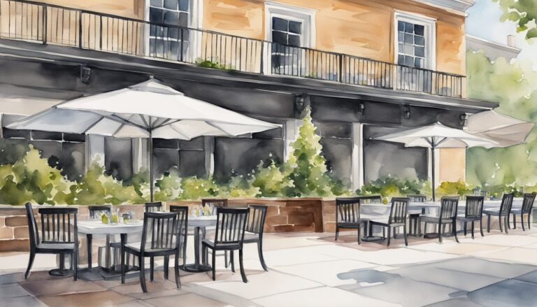 Outdoor café patio with tables and umbrellas in watercolor.