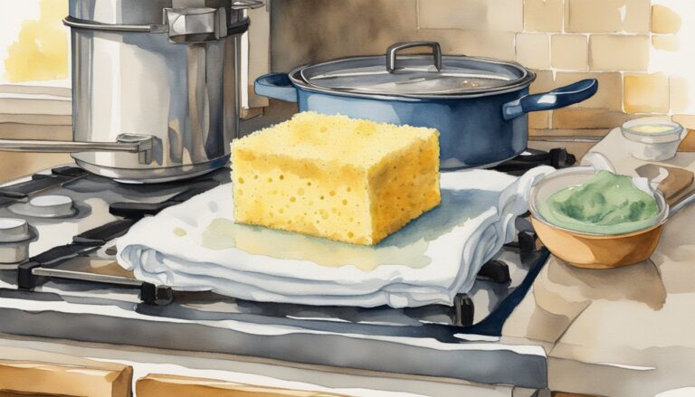 Watercolor of kitchen stove with sponge and pots.