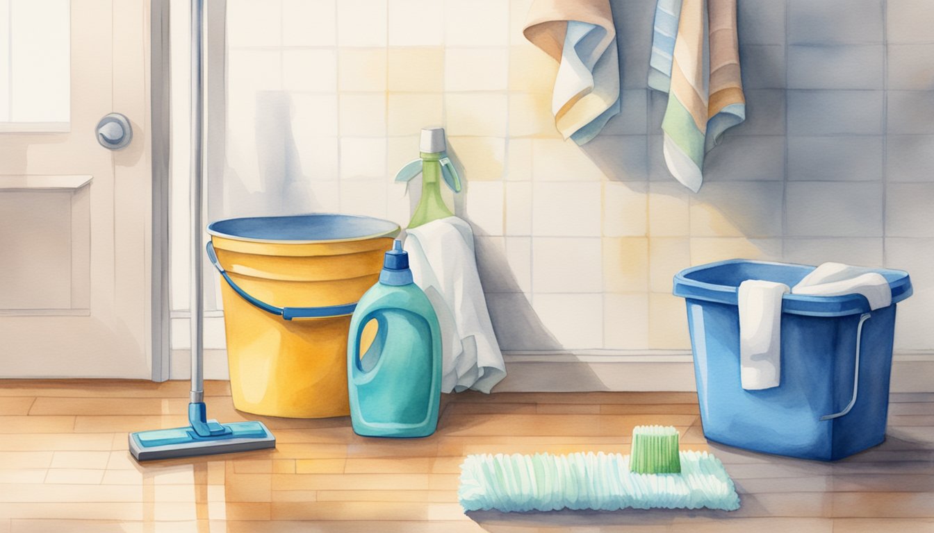 Watercolor illustration of cleaning supplies in a sunny bathroom.