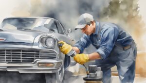 Mechanic servicing vintage car in workshop, watercolor illustration.