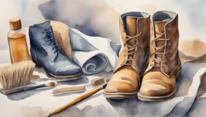 Watercolor painting of leather boots and shoe care products.