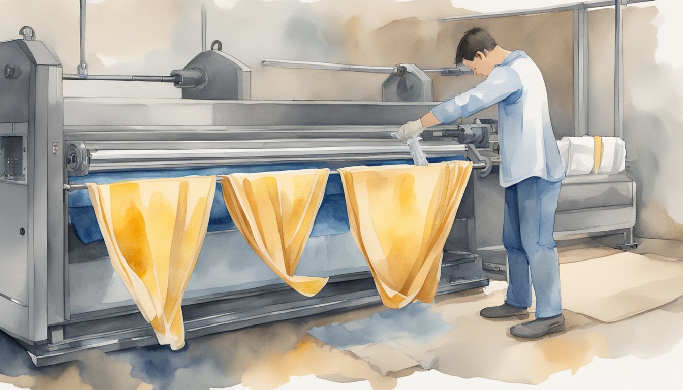 Man operating industrial fabric press in factory.