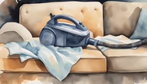 Vacuum cleaner on beige sofa with blue fabric.