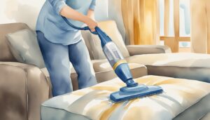 Person vacuuming a mattress, indoor cleaning scene.