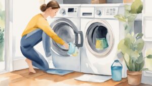 Woman loading laundry in washing machines, watercolor illustration.