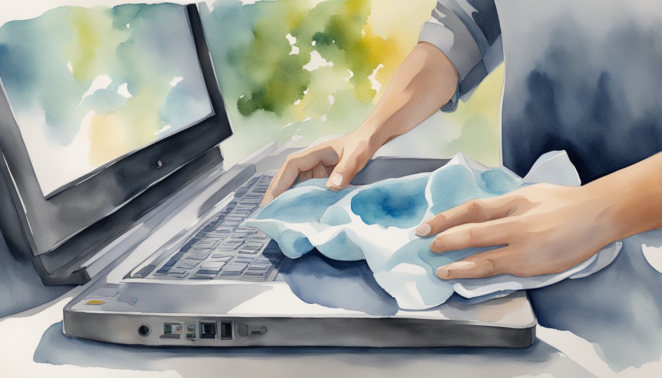 Person cleaning laptop with cloth in watercolor painting.