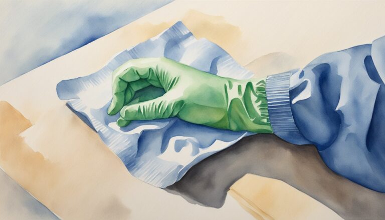 Watercolor painting of a hand in a green rubber glove.