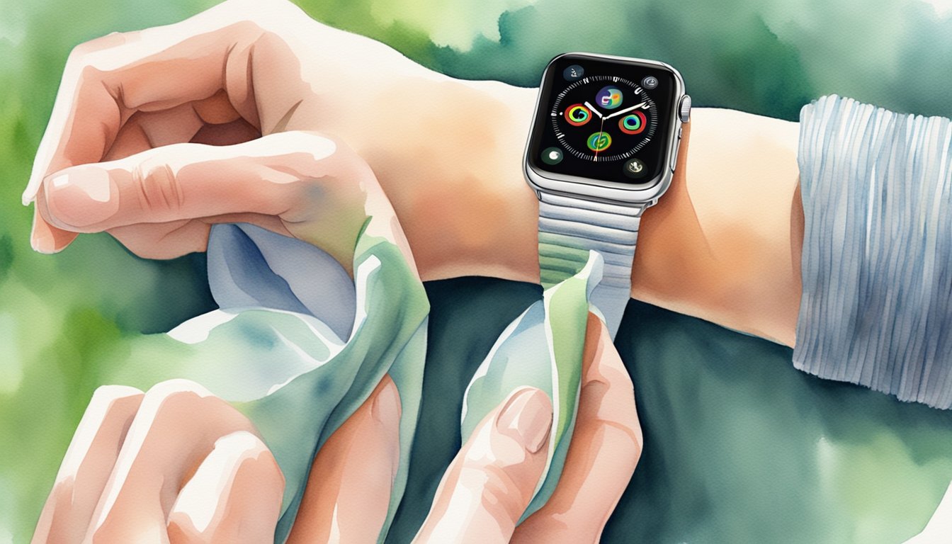 Person adjusting smartwatch on wrist in watercolor style.