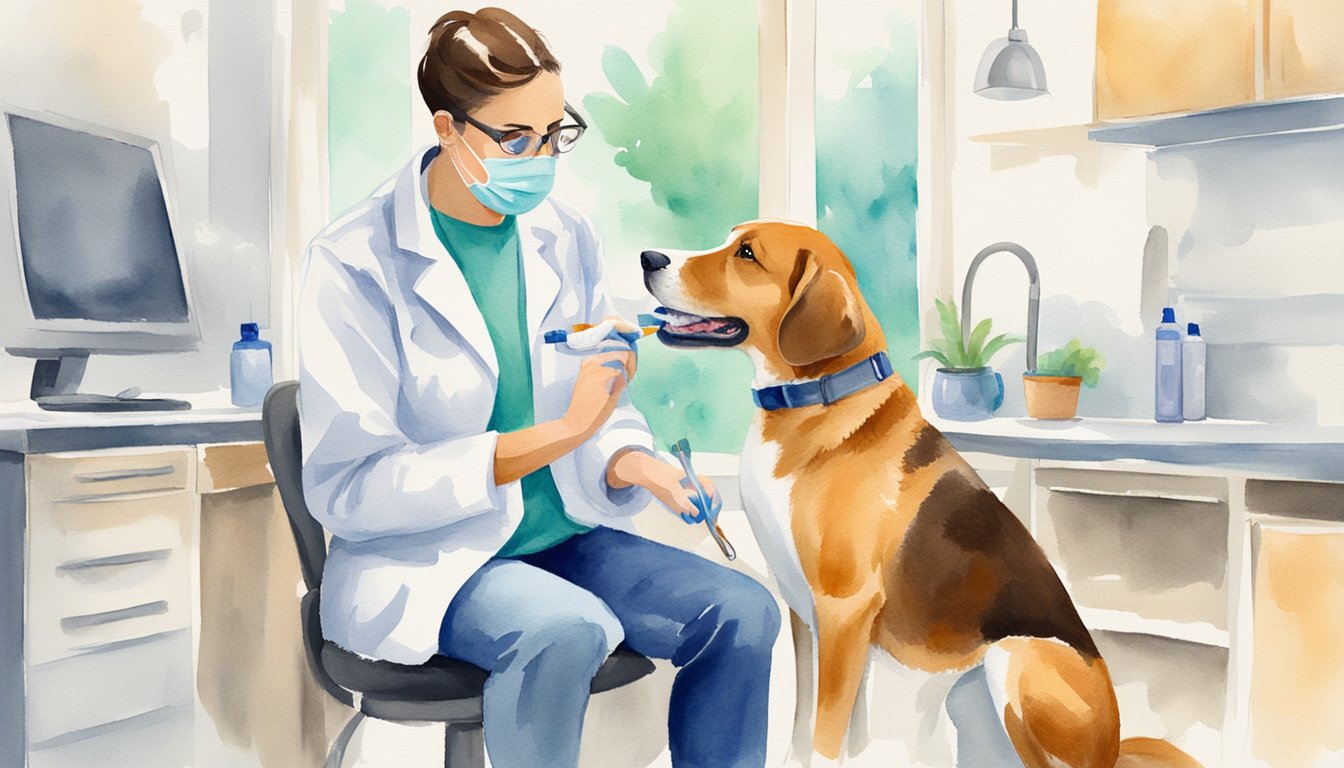 Veterinarian examining a happy dog in clinic.