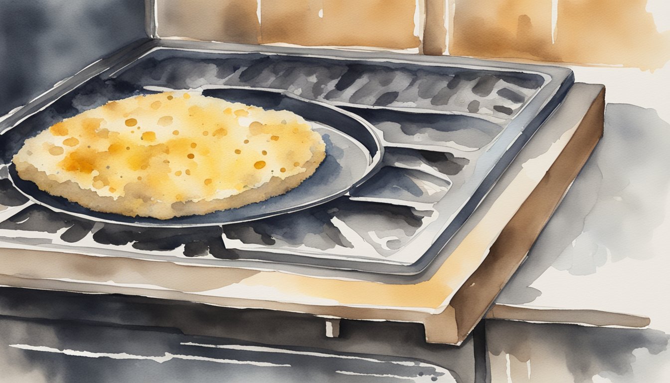 Watercolor painting of a crepe on a metal tray.