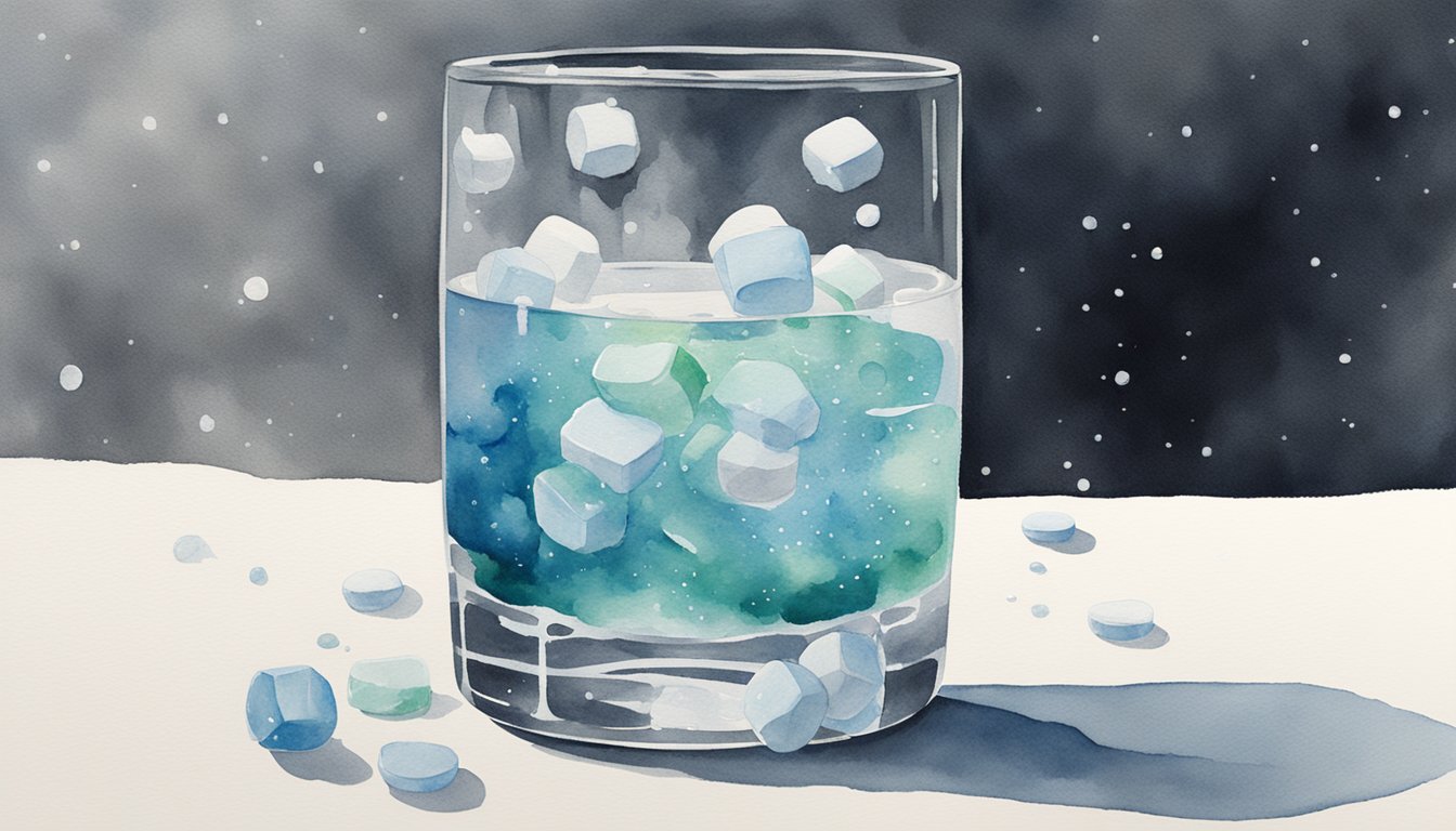 Watercolor of glass with ice cubes and blue drink.