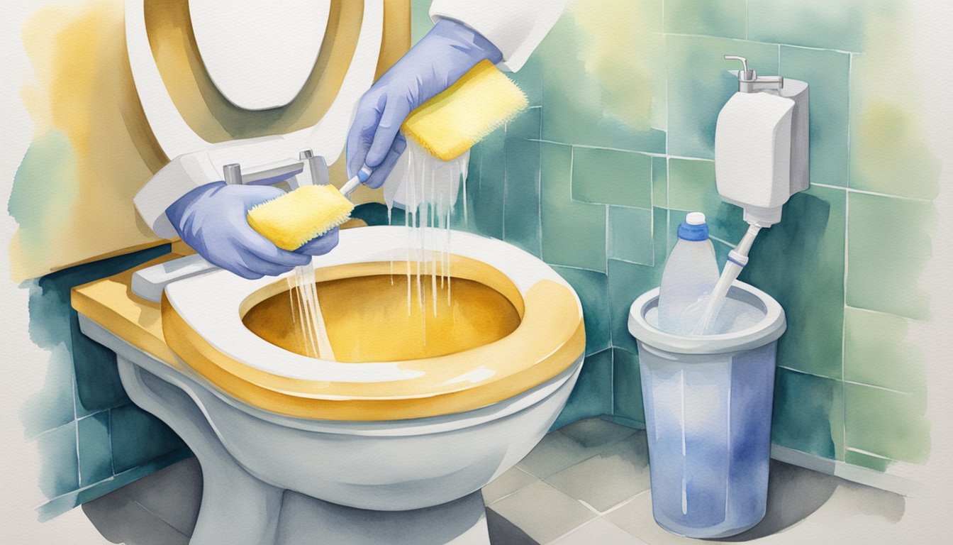 Person cleaning toilet bowl with sponge in bathroom.