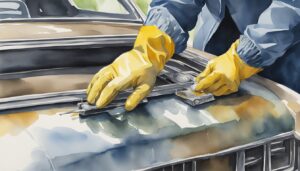 Person in yellow gloves repairing a car hood.