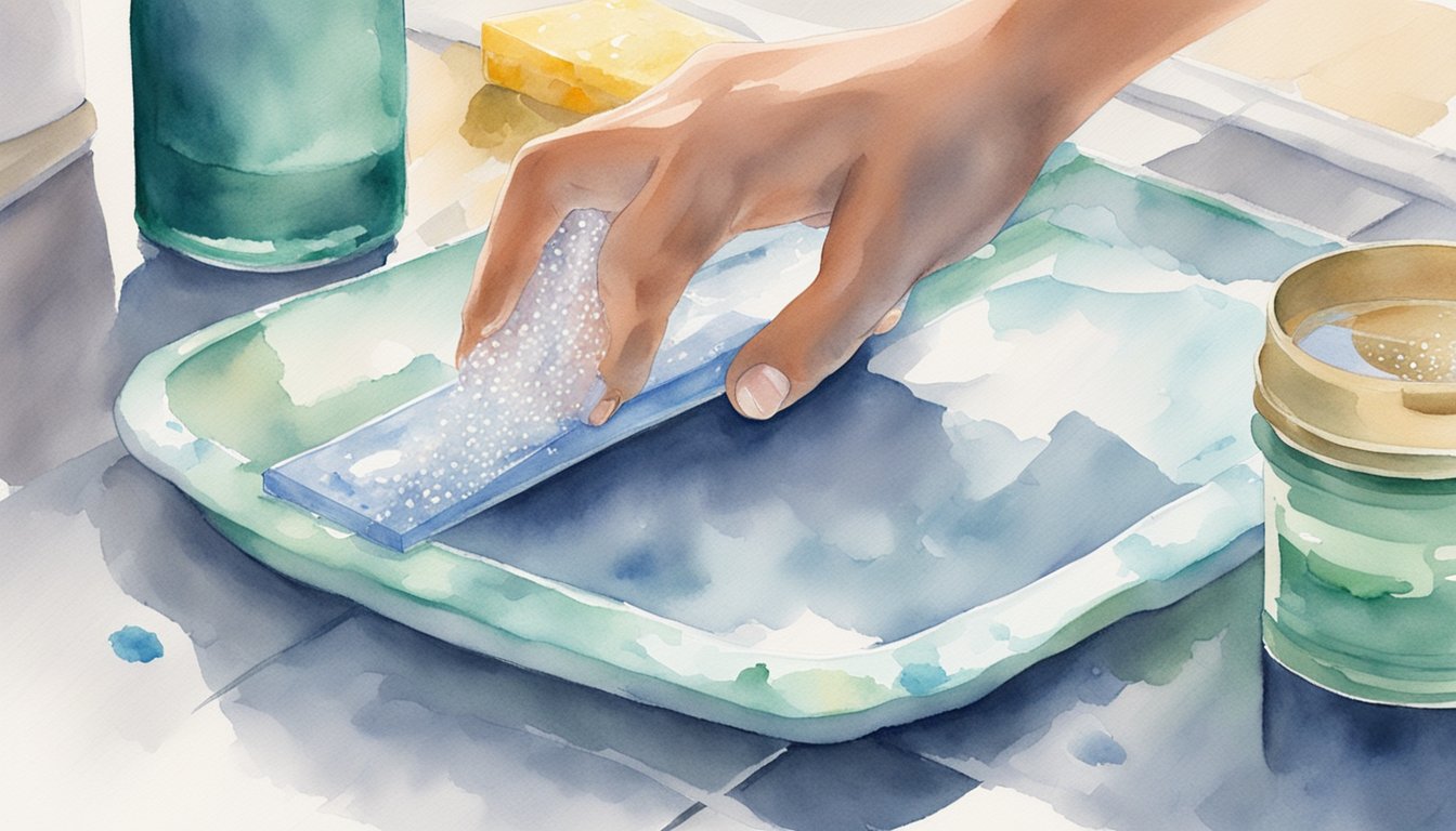 Hand washes sponge in watercolor art style.