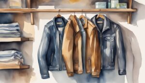 Watercolor painting of jackets hanging in a closet.