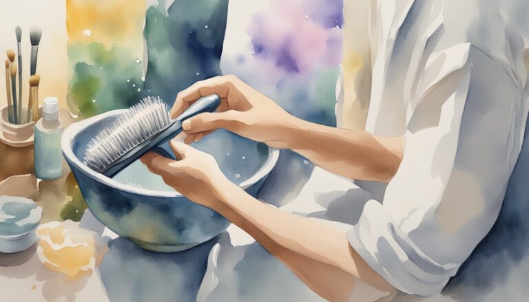 Watercolor of hands cleaning a hairbrush in a bowl.