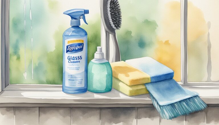 Cleaning supplies on windowsill, including glass cleaner and brushes.