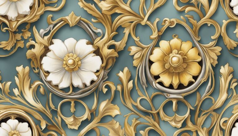 Ornate gold floral patterns on teal background.