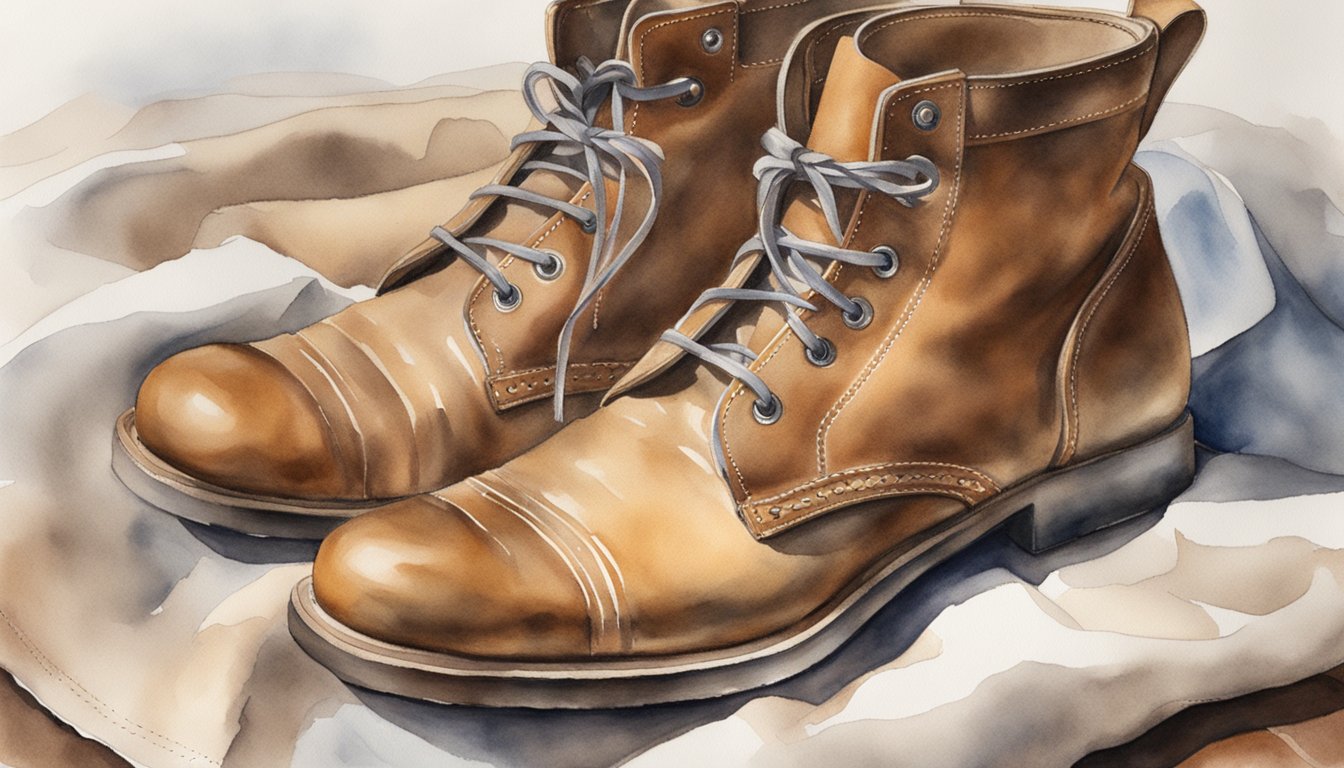 Realistic watercolor painting of brown leather boots.