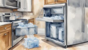 Kitchen overrun with ice from malfunctioning refrigerator.