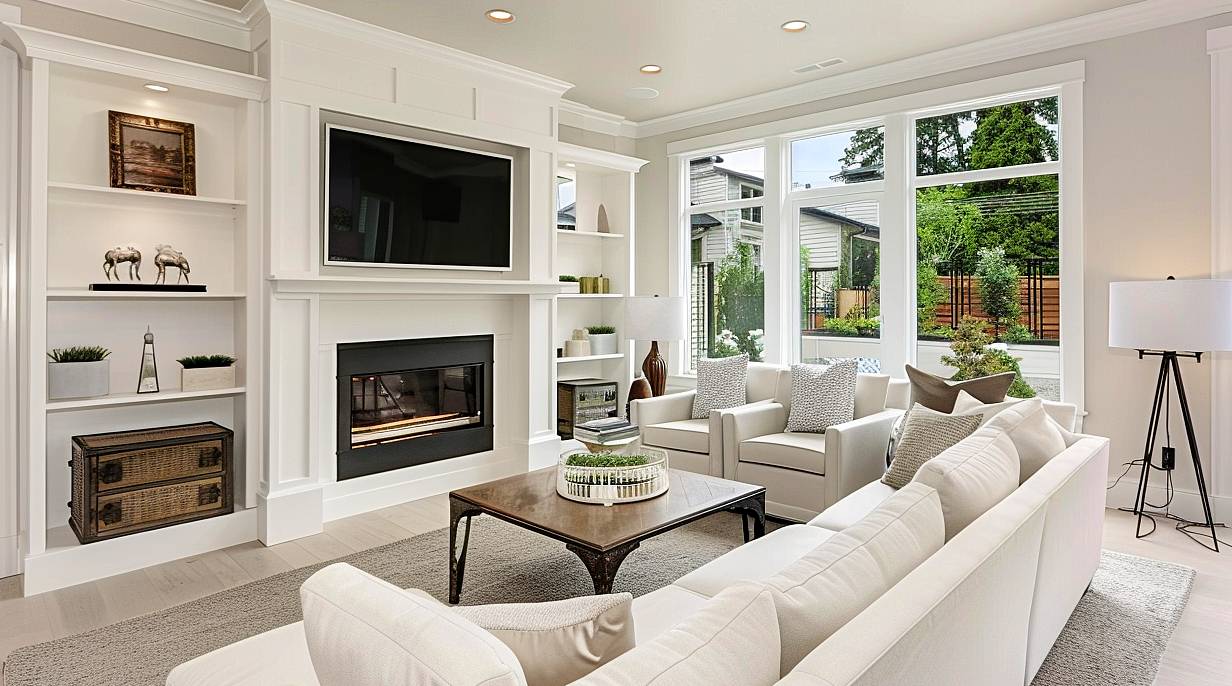 Elegant living room with fireplace and modern furnishings.