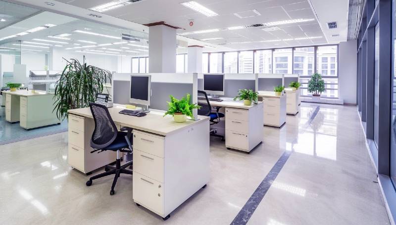 Modern office space with desks, computers, and plants.