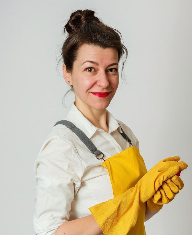 Woman in overalls wearing yellow cleaning gloves, smiling.