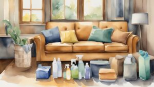 Cozy living room with cleaning supplies and colorful pillows.