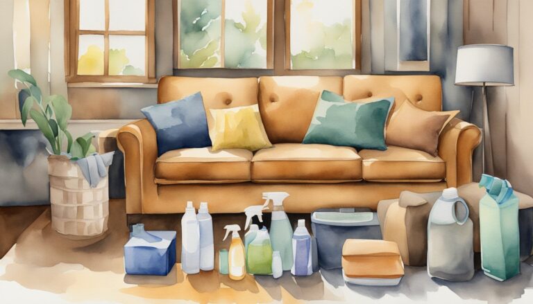 Cozy living room with cleaning supplies and colorful pillows.